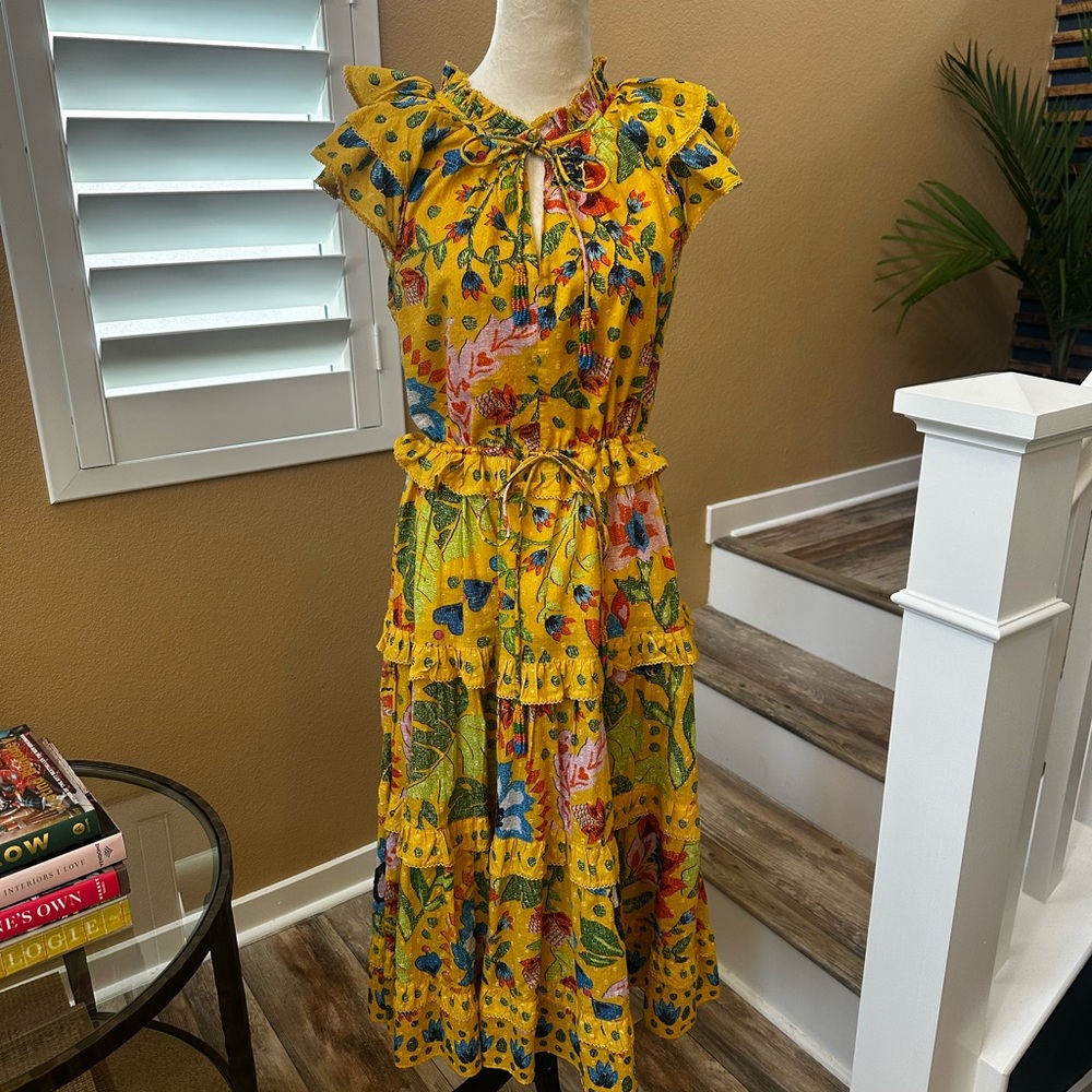 FARM Rio Yellow Ruffled Smocked Sundress